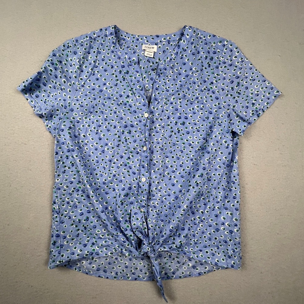 J.Crew Button Down Shirt Womens S Blue Floral Tie Front Cotton Casual Preppy
